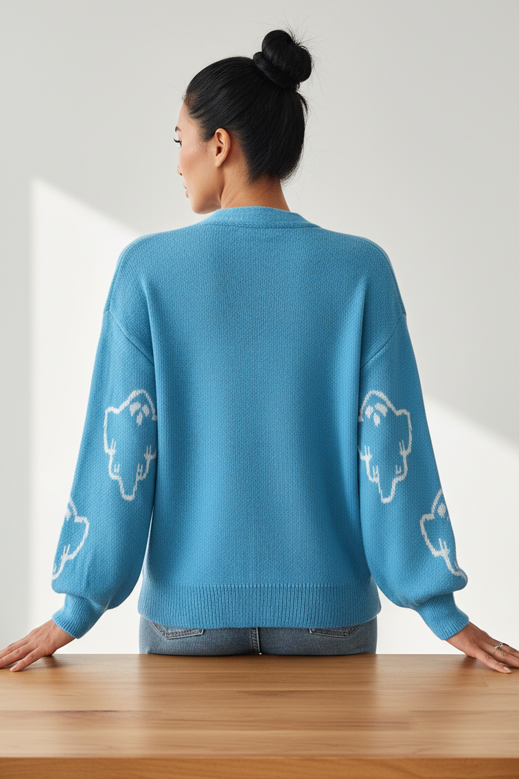 Contrast Knit Ghost V-Neck Button Front Cardigan Halloween Long Sleeve Pullover