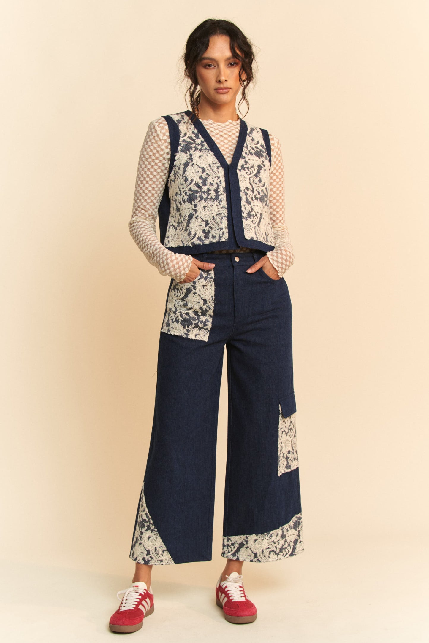 DAVI & DANI Jeans Lace Cargo Patchwork High-Rise Relaxed Wide Leg Denim Pants