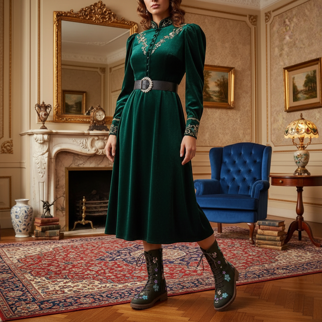 Embroidered Floral Round Toe Victorian-Inspired Low Block Heel Boots Lace-up Shoes