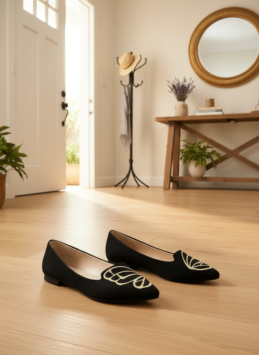 Butterfly Metallic Embroidered Pointed Toe Slip-On Ballet Flats Faux Suede Shoes