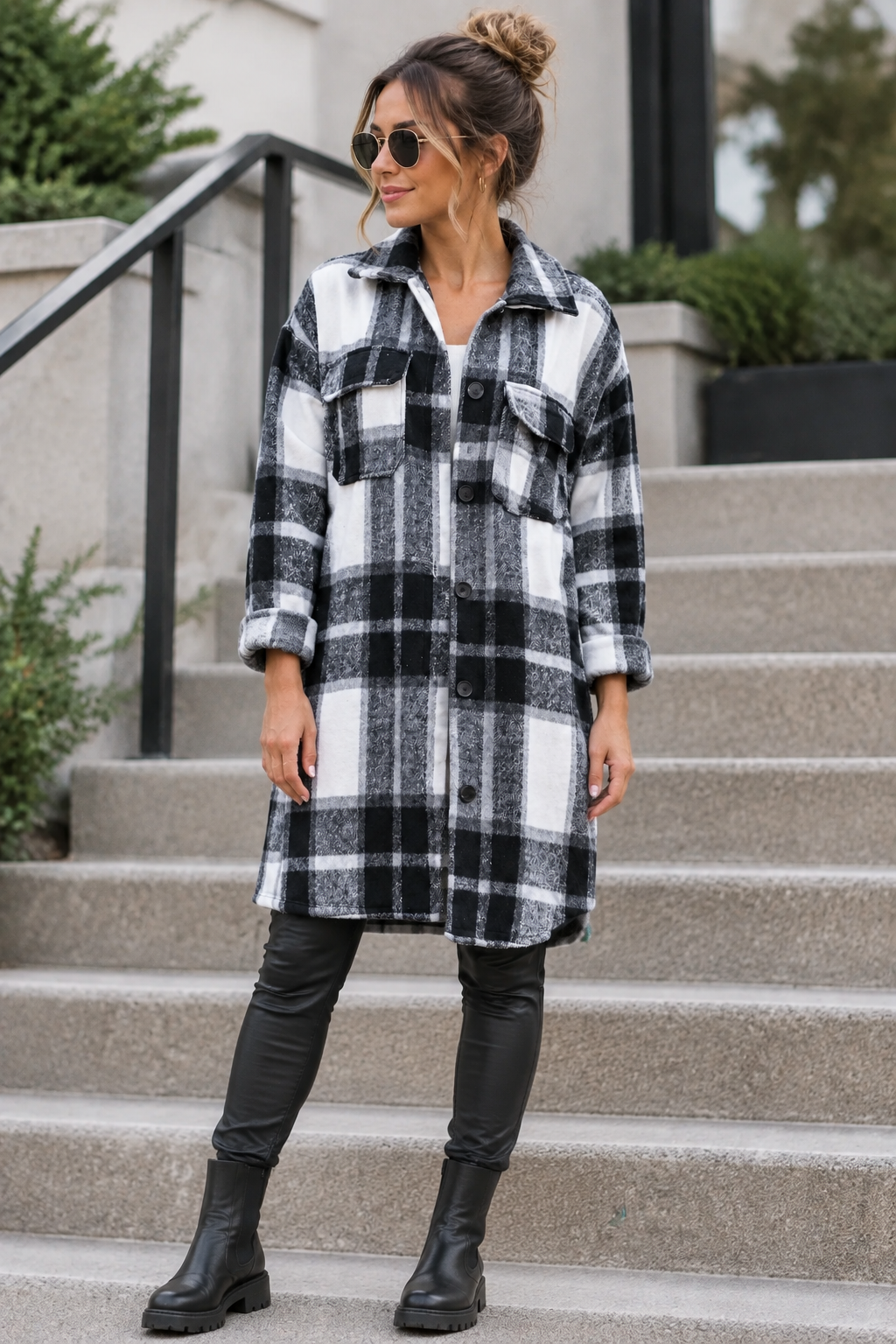 Oversized Button Down Collared Neck Long Sleeve Boyfriend Plaid Flannel Shacket
