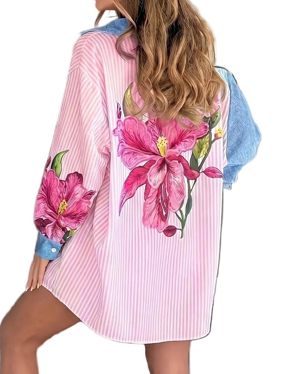 Oversized Floral Stripe Colorblock Button Up Balloon Sleeve Collared Dress Shirt