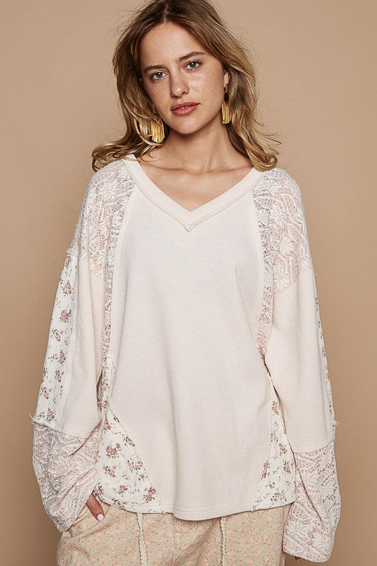 POL Waffle Knit Lace Patchwork Granny Floral Top Oversized Boho Sweater Shirt