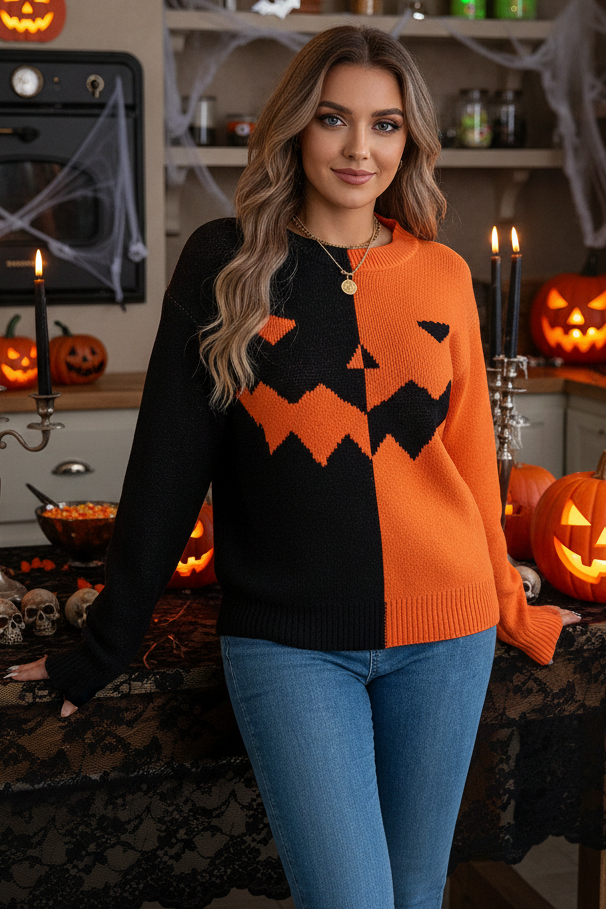 Halloween Knit Jack O’ Lantern Colorblock Relaxed Crew Neck Pullover Sweater