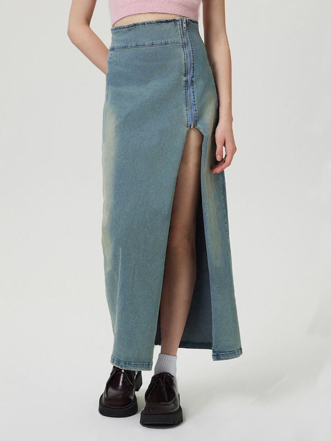 Zipper High-Rise Asymmetrical Cutout Slit Bent Seam Denim Retro Jean Midi Skirt