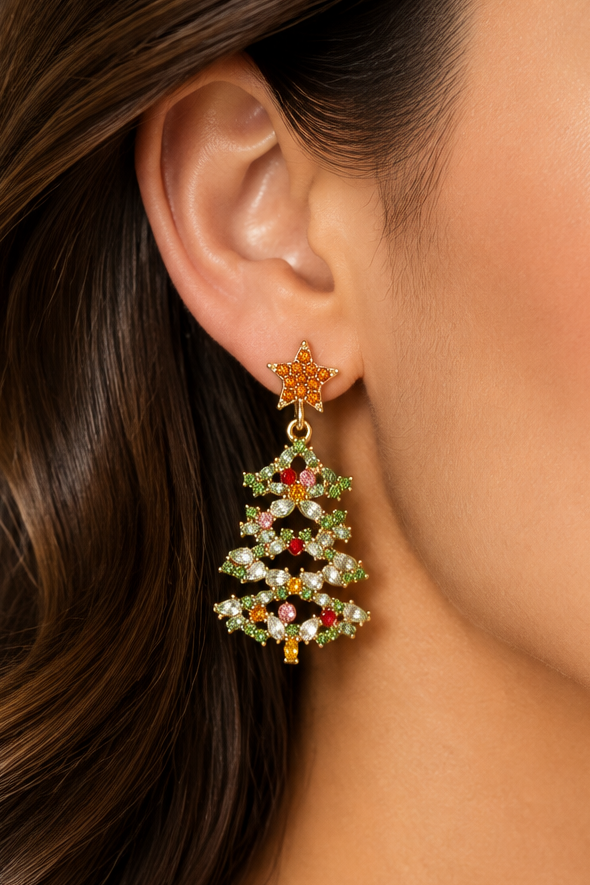 18K Gold Plated Rhinestone Christmas Tree Dangle Earrings Star Holiday Jewelry