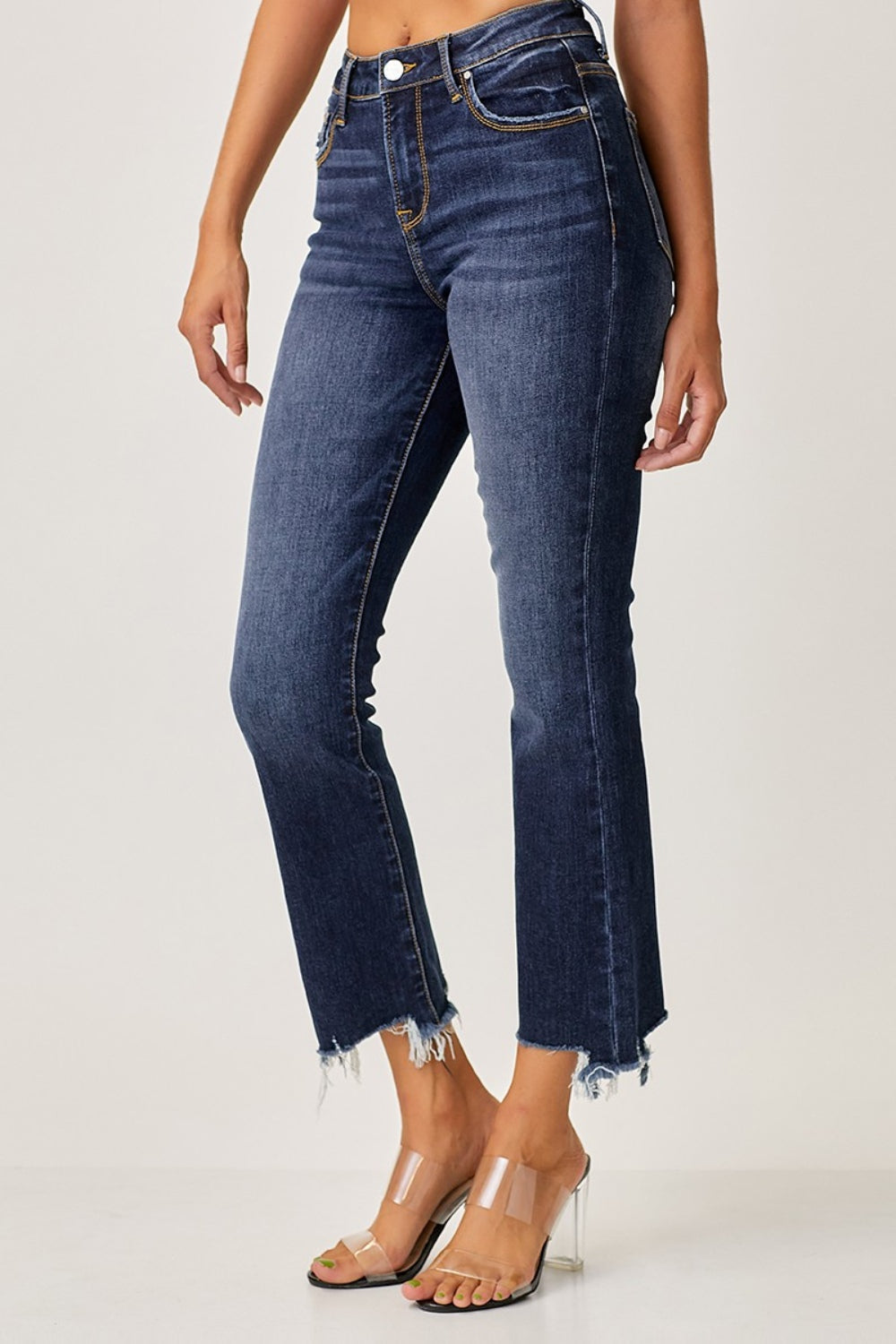 RISEN High-Rise Straight Leg Cropped Frayed Raw Hem Distressed Jeans Denim Pants