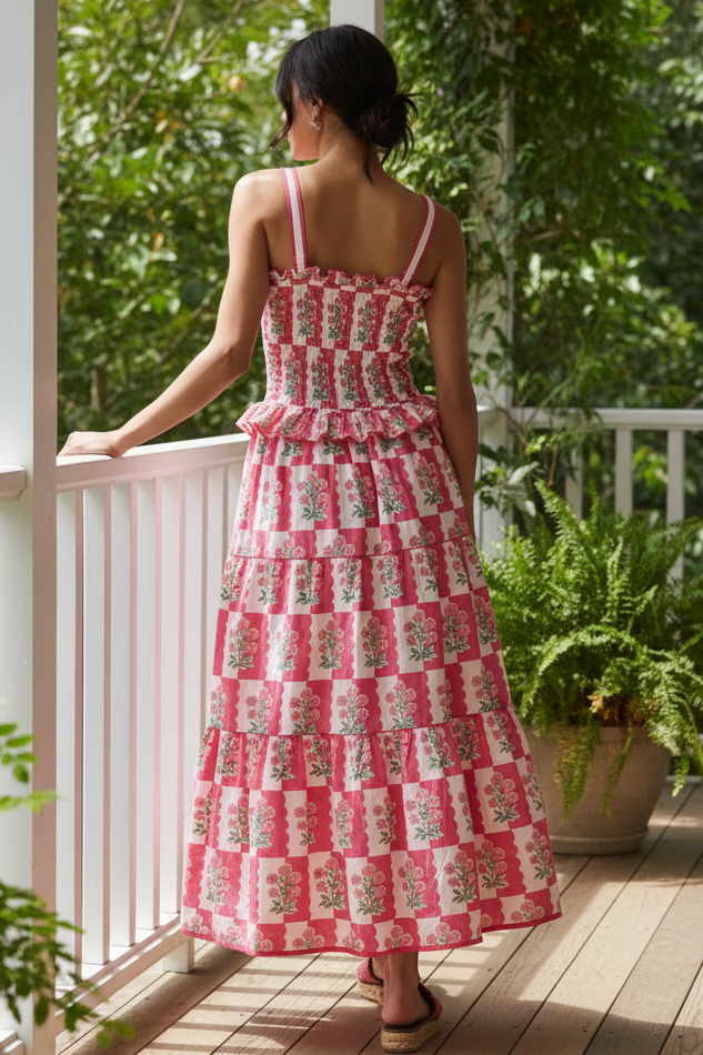 Retro Granny Floral Smocked Ruffle Frill Square Neck Tiered Side Pocket Maxi Dress