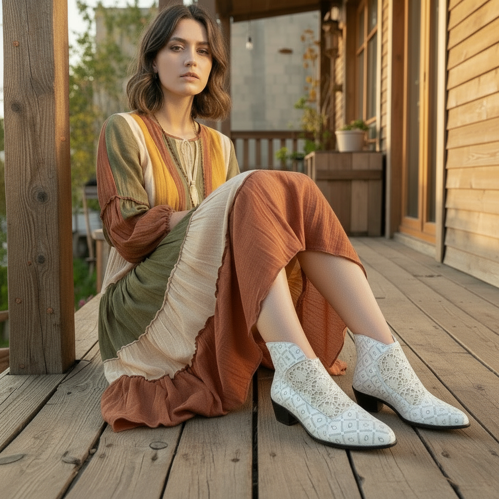 Crochet Knit Vegan leather Block Heel Booties Pointed Toe Retro Victorian Shoes