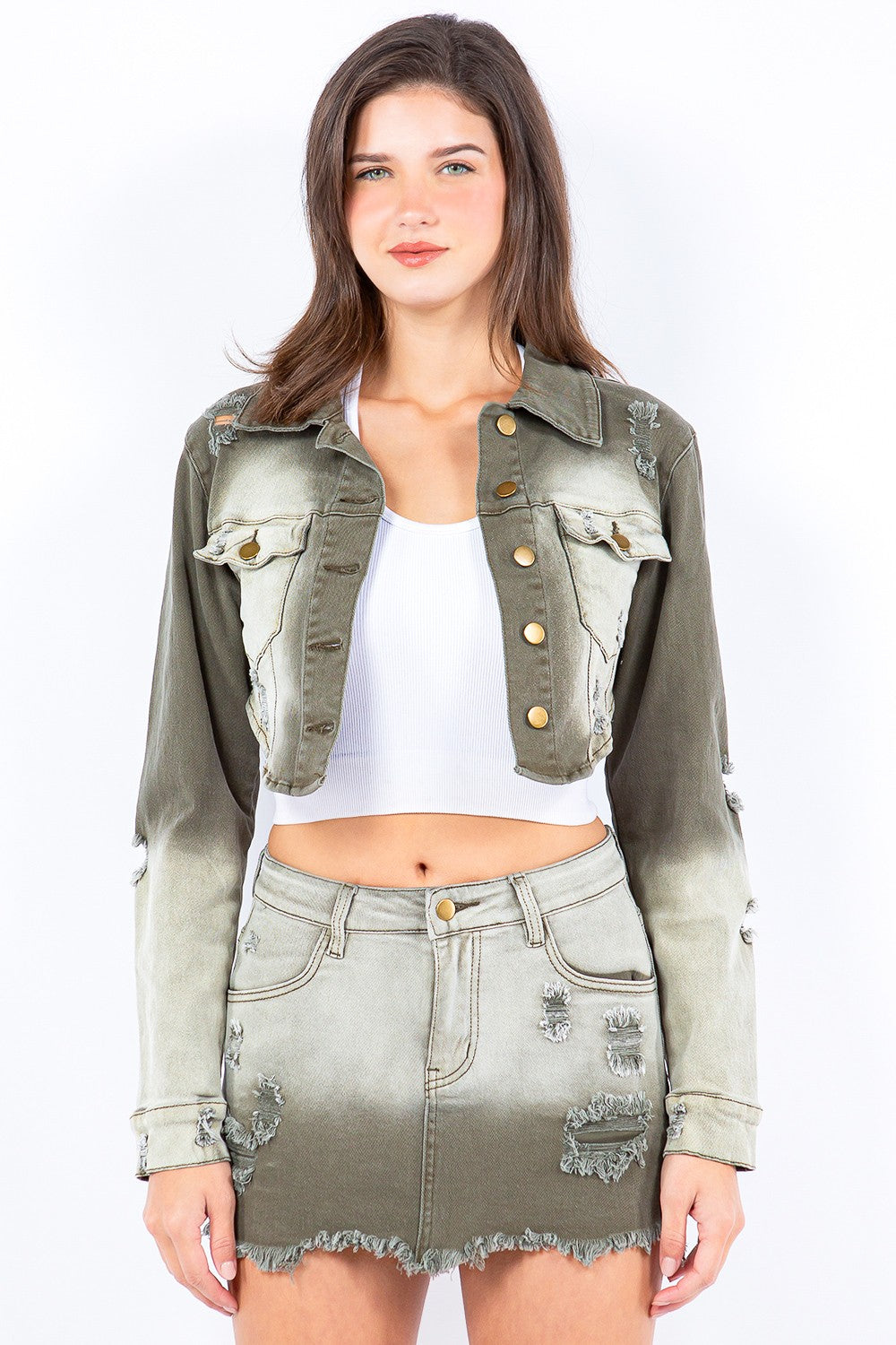 American Bazi Distressed Denim Cropped Button-Up Washed Green Ombre Jean Jacket