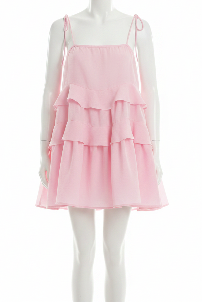Cotton Ruffle Layer Tiered Bow Tie Shoulder Oversized Low Back Mini Dress