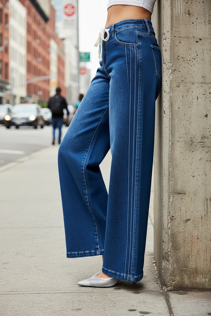 Risen Mid Rise Wide Leg Side Pintuck Jeans Drawstring Waist Baggy Relaxed Fit Plus Size Available