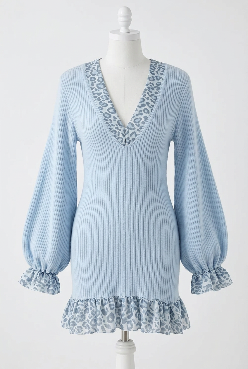 Ribbed Knit Ruffle Leopard Trim Plunging V-Neck Long Balloon Sleeve Mini Dress