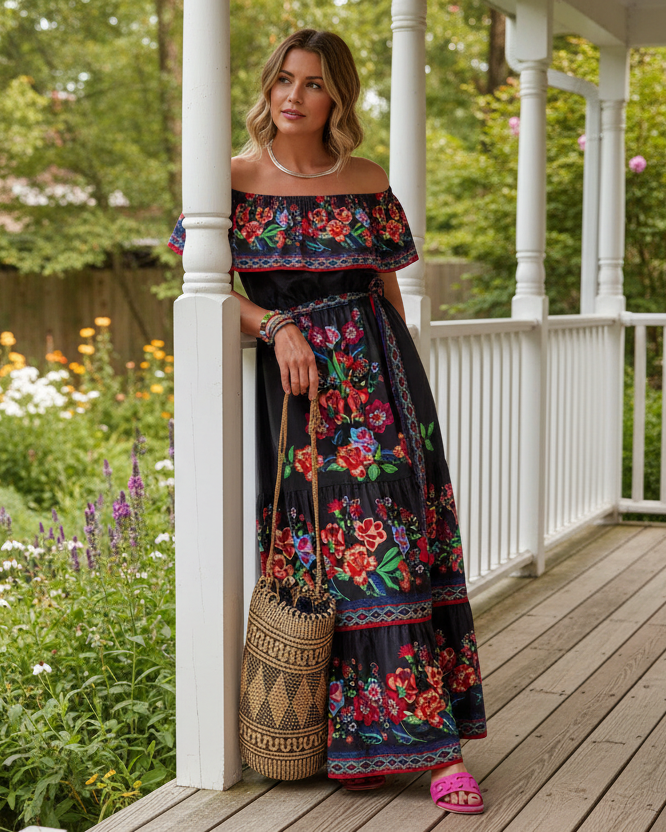 Floral Ruffle Off Shoulder Belted Elastic Waist Retro 70s Tiered Boho Maxi Dress