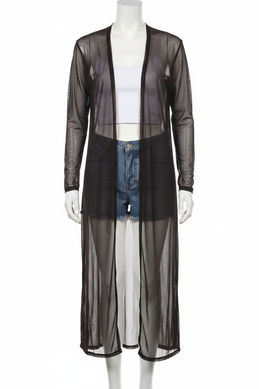 Zenana Sheer Mesh Open Front Long Sleeve Lightweight Jacket Longline Cardigan Black