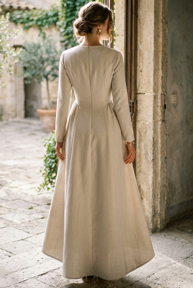 Teardrop Keyhole Cutout Chest Long Sleeve A-Line Midi Princess Seam Prairie Dress