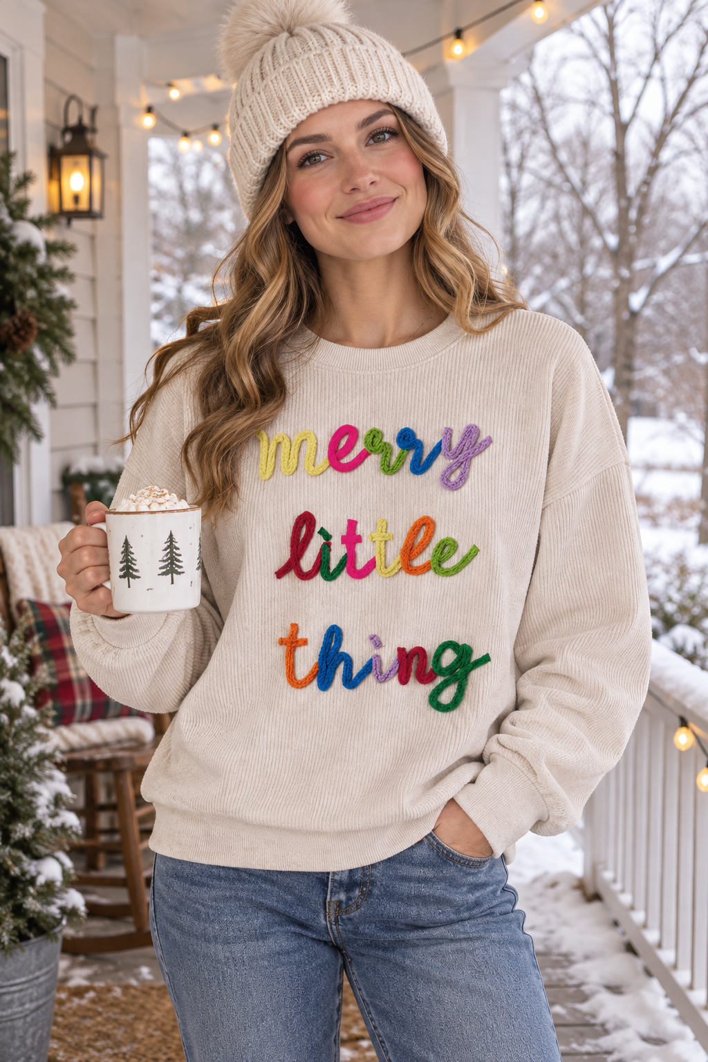 Merry Little Thing Crochet Letter Ribbed Crewneck Sweatshirt Colorful Holiday Pullover