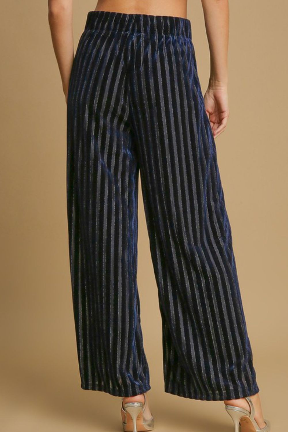 Umgee Velvet High-Rise Retro Pants Wide Leg Boho 70s Metallic Stripe Elastic Waist