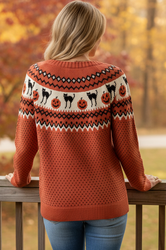 Black Cat Jack-O'-Lantern Pumpkin Fair Isle Halloween Top Crew Neck Knit Sweater