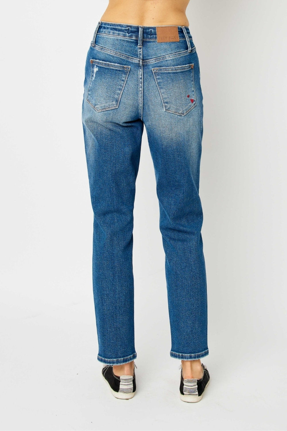 Judy Blue Queen Of Hearts Mid-Rise Distressed Torn Denim Slim Mom Jean Pants