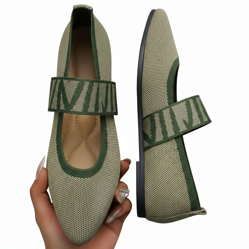 Contrasting Knit Pointed Toe Mary Jane Wide Strap Ballet Flats Slip-On Geometric Shoes