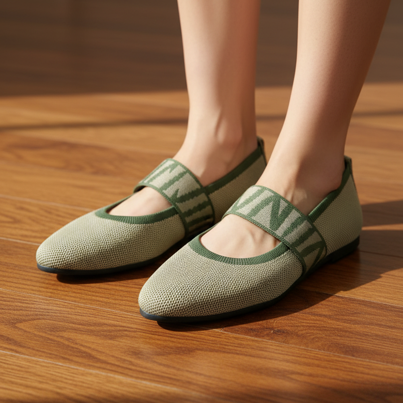 Contrasting Knit Pointed Toe Mary Jane Wide Strap Ballet Flats Slip-On Geometric Shoes