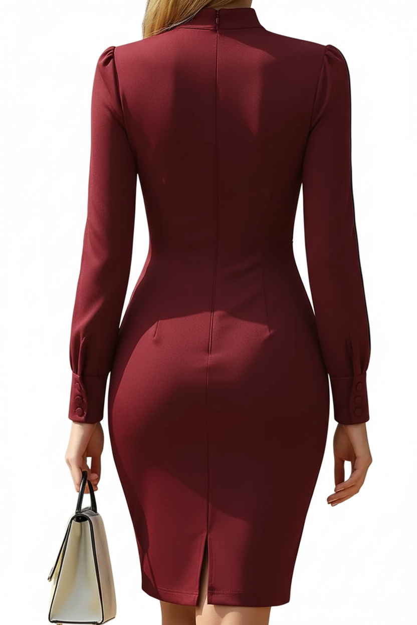 Split Stand Collar Square Neck Puff Long Sleeve Fitted Knee Length Pencil Dress