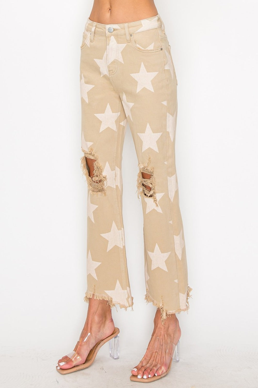 RISEN Star High-Rise Distressed Torn Hole Boyfriend Jeans Cropped Denim Pants