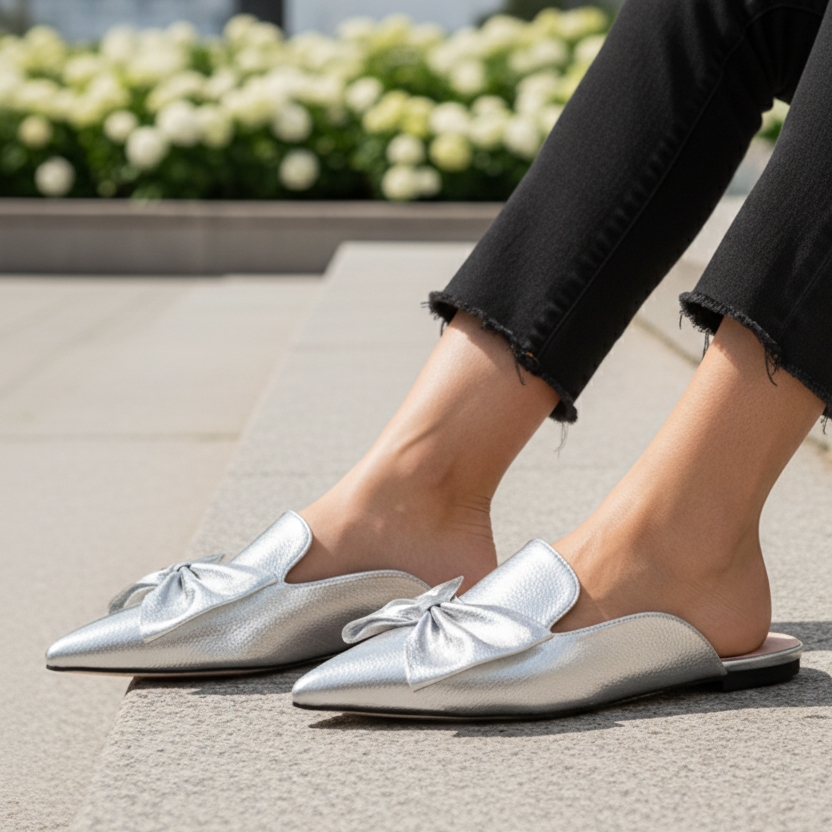 Oversized Bow Faux Leather Pointed Toe Slip-On Shoes