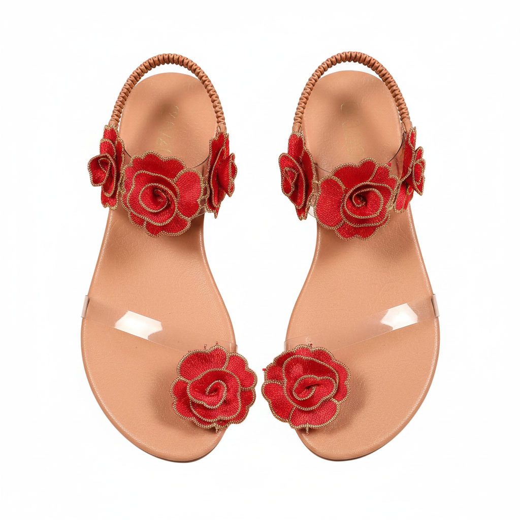 Rose 3D Floral Toe Loop Sandals Strappy Flats Sling Back Elastic Heel Shoes