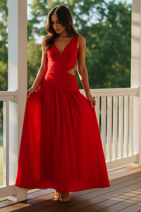 Cutout Pleated Side Cotton Blend V-Neck Sleeveless Flowing Maxi Dress