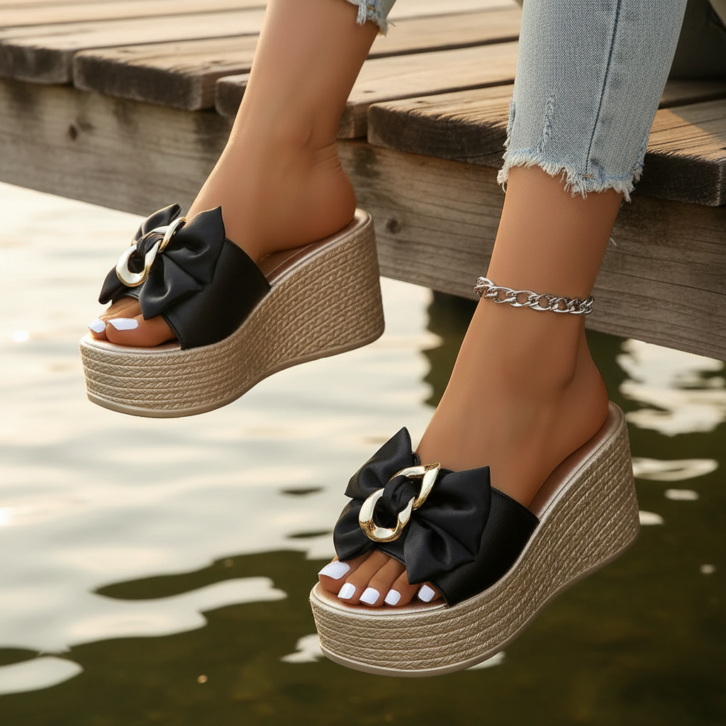 Gold Chain Oversized Bow Platform Open Toe Shoes Slip On Coquette Sandals