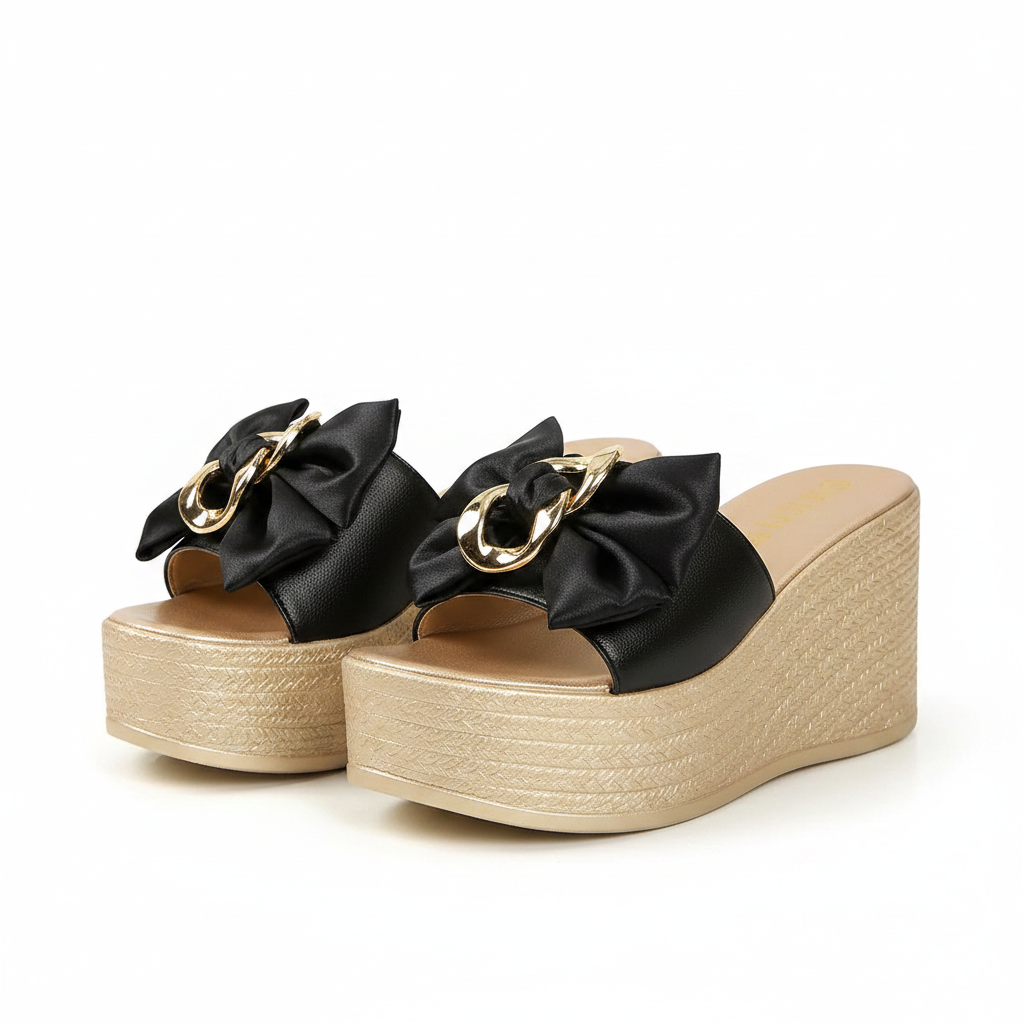 Gold Chain Oversized Bow Platform Open Toe Shoes Slip On Coquette Sandals