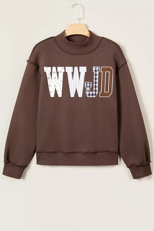 WWJD Embroidered Patchwork Mock Neck Jesus Sweatshirt Cotton Blend Oversized Pullover