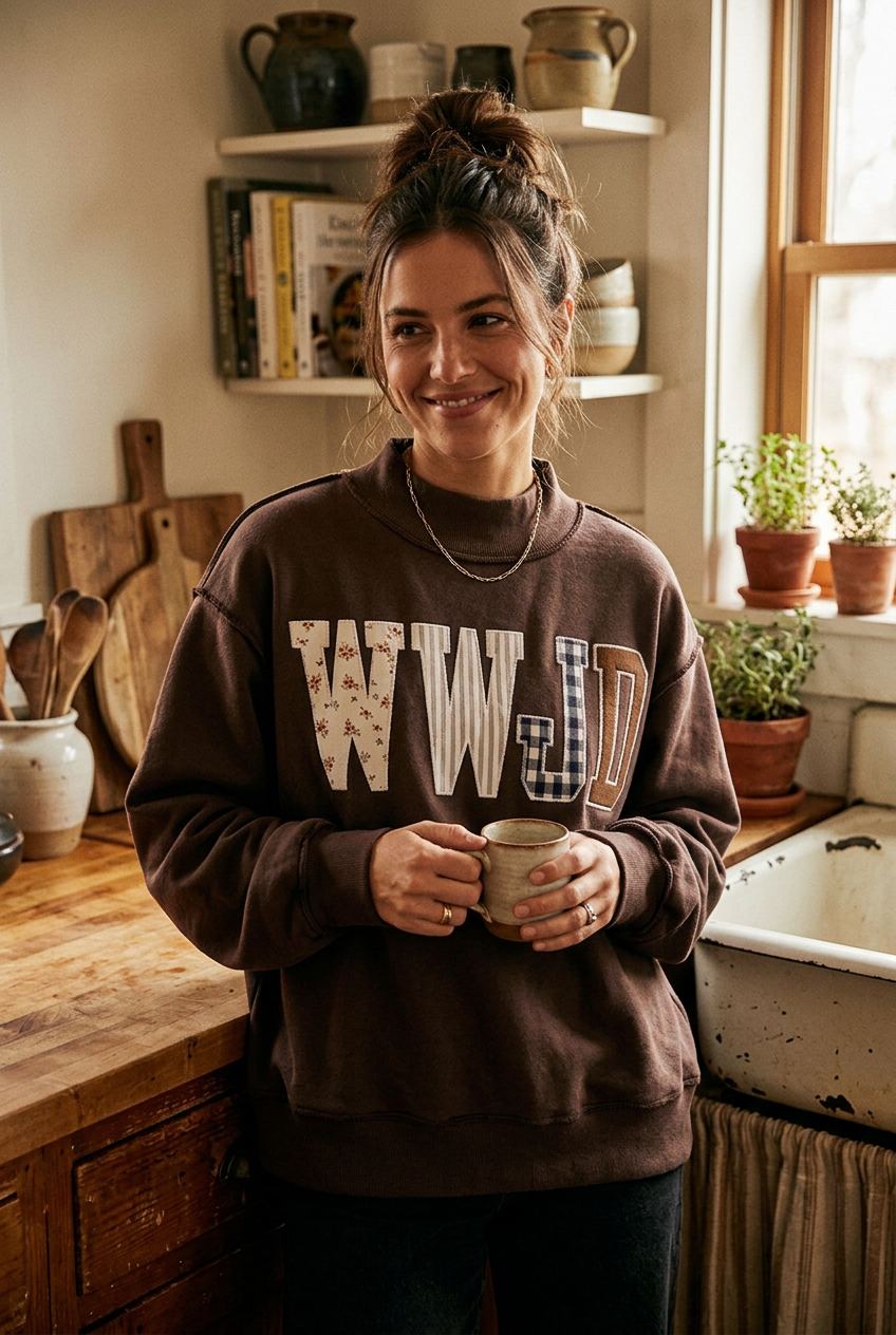WWJD Embroidered Patchwork Mock Neck Jesus Sweatshirt Cotton Blend Oversized Pullover
