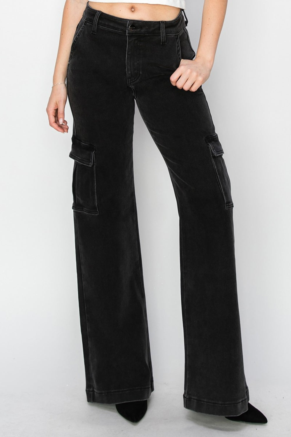 RISEN Cargo High-Rise Waist Boyfriend Denim Relaxed Wide Leg Utility Jean Pants