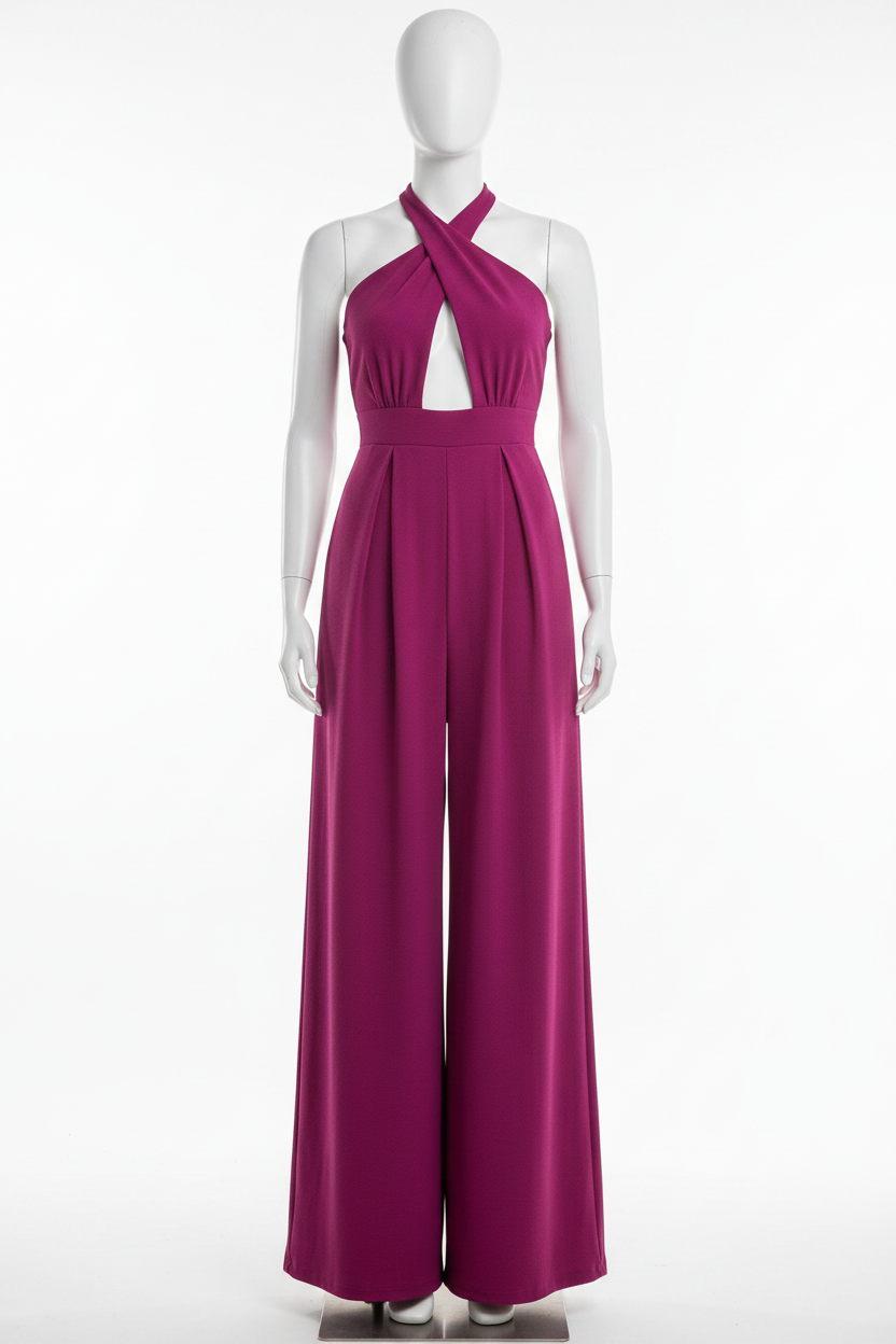 Cutout Chest Open Back Plunging Halter Neck One-Piece Pleated Wide Leg Jumpsuit