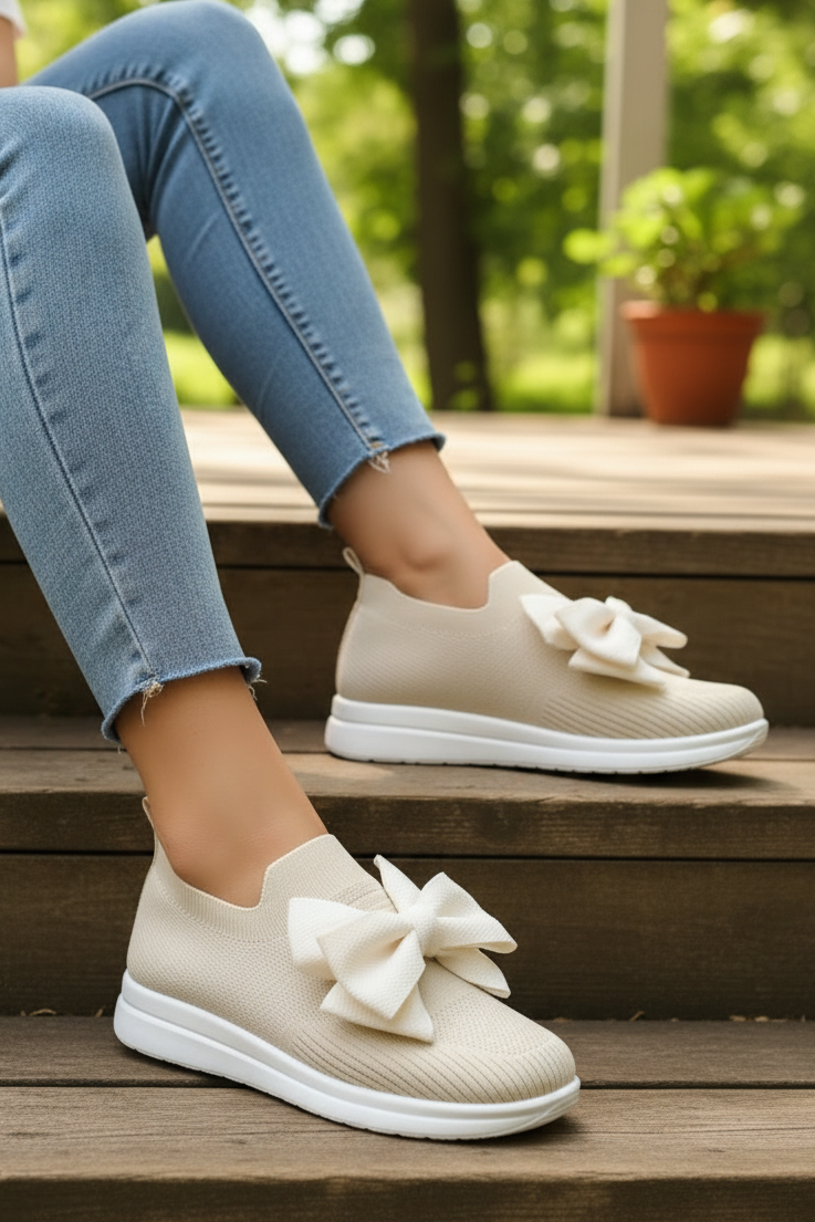 Oversized Bow Knit Slip-On Sneakers Breathable Round Toe Athleisure Shoes