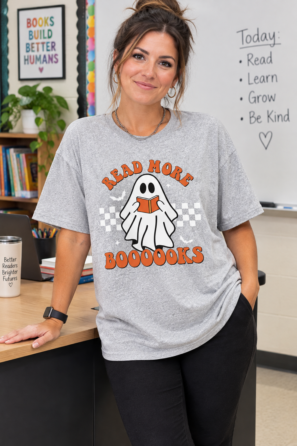Read More Books Ghost Teacher T-Shirt Halloween Relaxed Fit Short Sleeve Tee