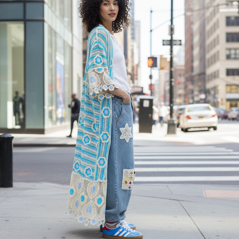 POL Patchwork Crochet Floral Openwork Knit Longline Cardigan 3/4 Sleeve Duster Blue