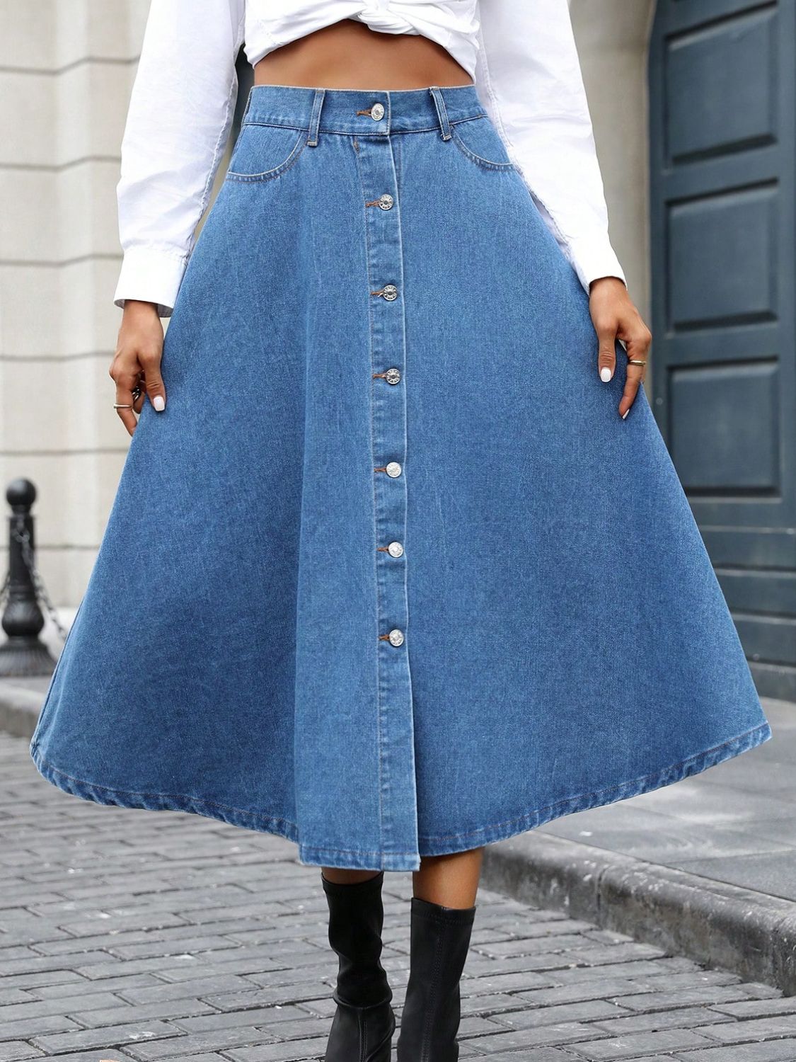 Retro High-Rise Midi Button Front Flare A-line Poque Blue Jean Circle Denim Skirt Pockets