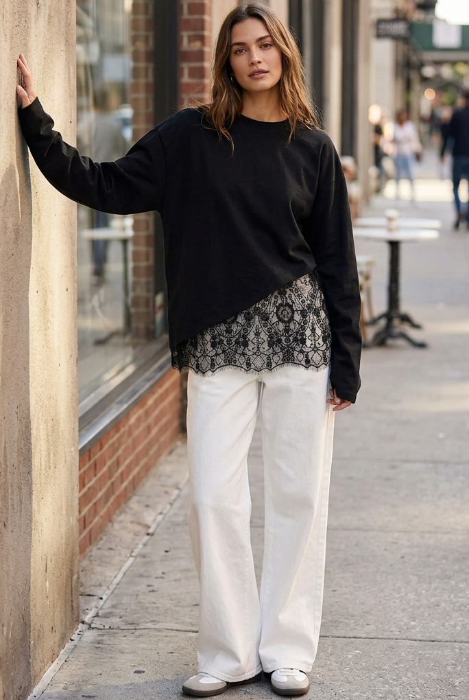 Asymmetrical Lace Scalloped Hem Boxy Blouse Wide Long Sleeve Oversized Top