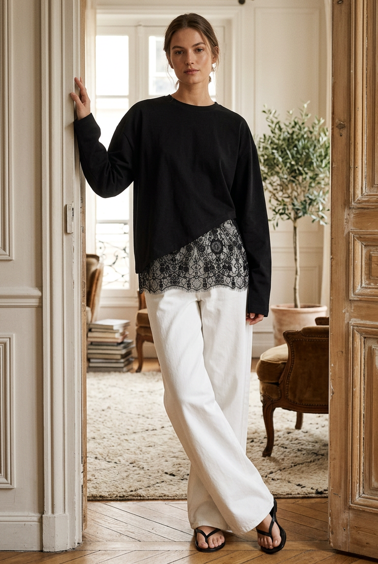 Asymmetrical Lace Scalloped Hem Boxy Blouse Wide Long Sleeve Oversized Top