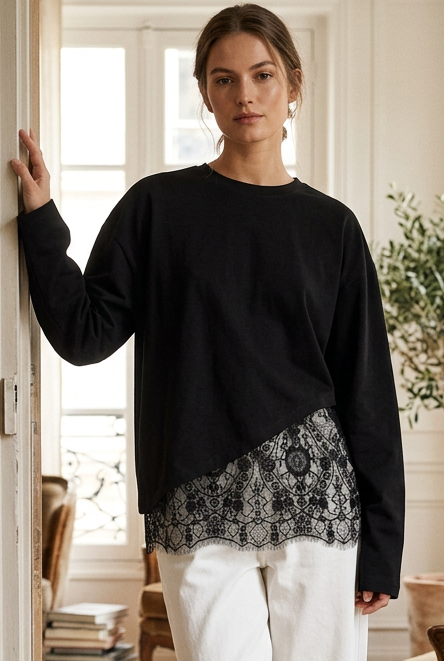 Asymmetrical Lace Scalloped Hem Boxy Blouse Wide Long Sleeve Oversized Top