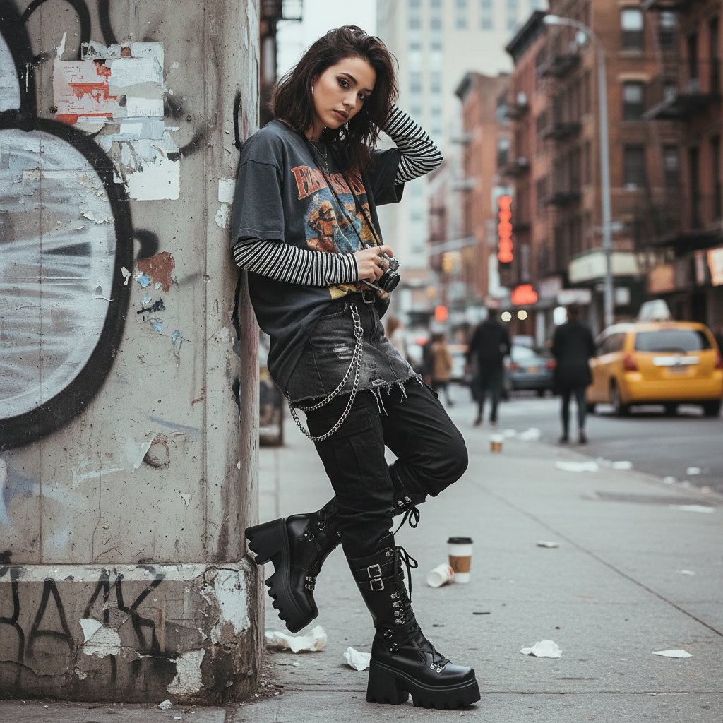 Tall Lace-Up Platform Combat Boots Vegan Leather Chunky Lug High Heel Shoes