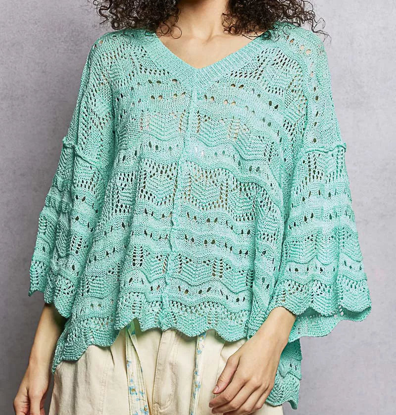 POL Granny Knit Openwork V-Neck Boho Top Scalloped Hem Oversized Boxy Shirt Aqua Teal