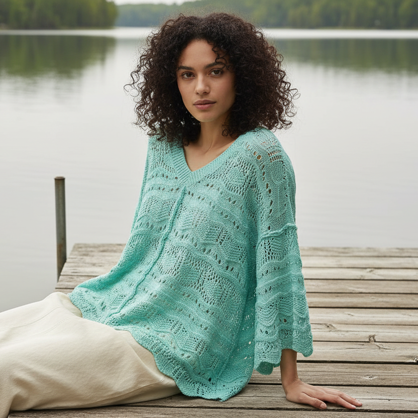 POL Granny Knit Openwork V-Neck Boho Top Scalloped Hem Oversized Boxy Shirt Aqua Teal