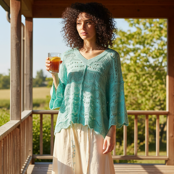 POL Granny Knit Openwork V-Neck Boho Top Scalloped Hem Oversized Boxy Shirt Aqua Teal