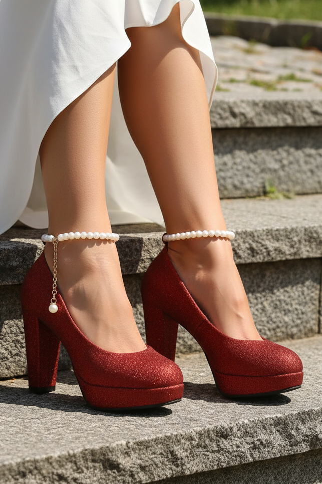 Pearl Ankle Sparking Glitter Platform aheels Round Toe Ankle Strap Block Pumps
