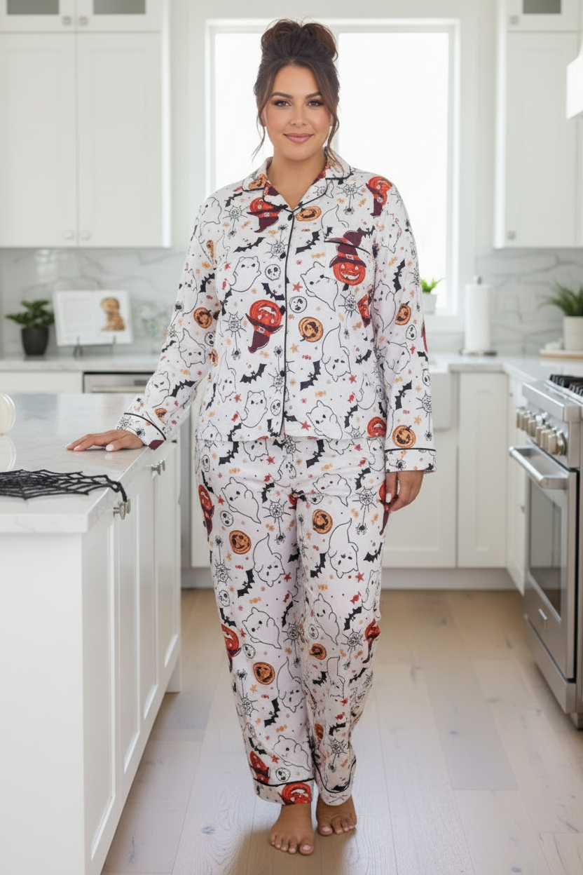 Ghost Pumpkin Sleep Set Button-Up Long Sleeve Halloween Pajama Pants Loungewear Plus Size